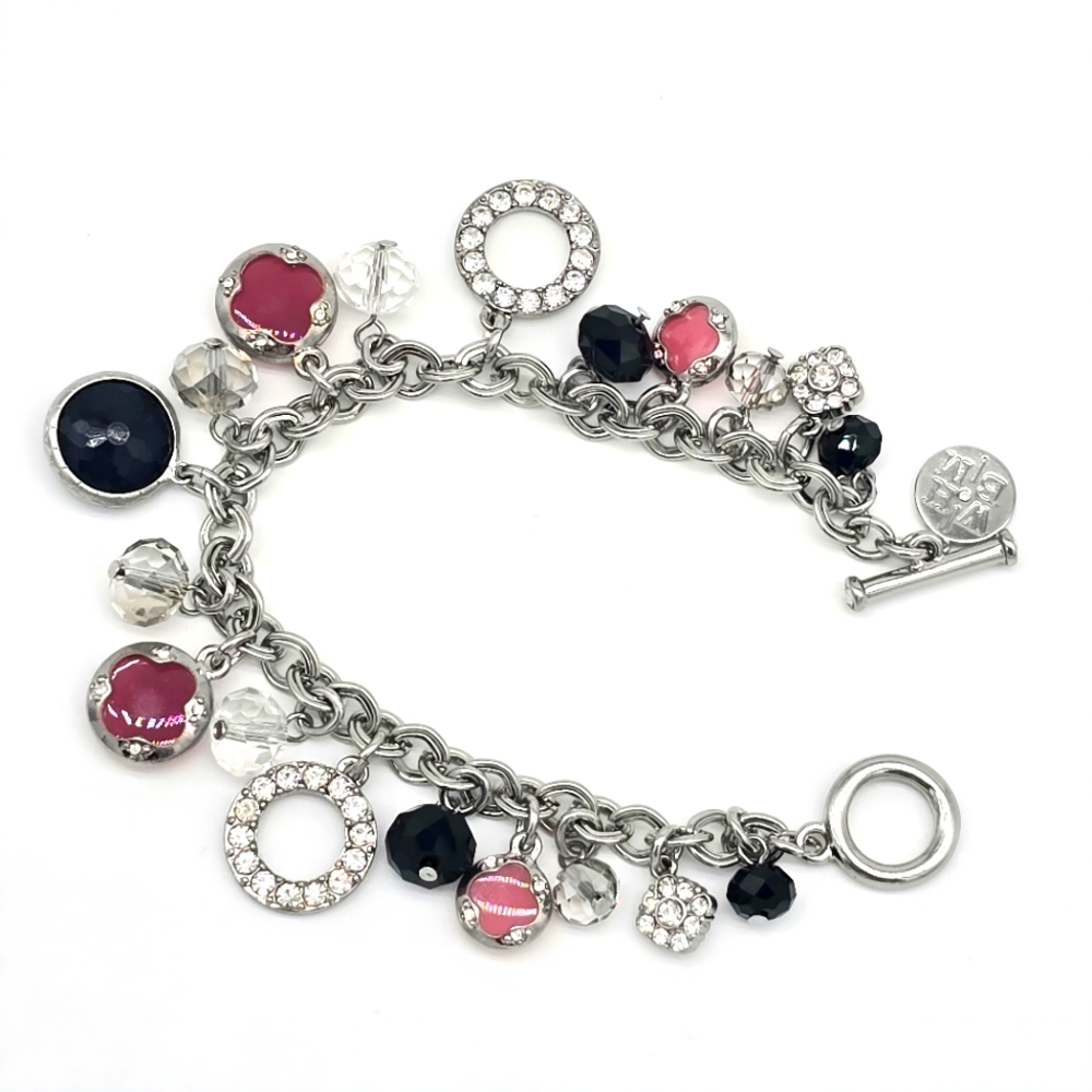 White House Black Market Charm Bracelet Pink/Silver/Black & Sparkly Rhinestones